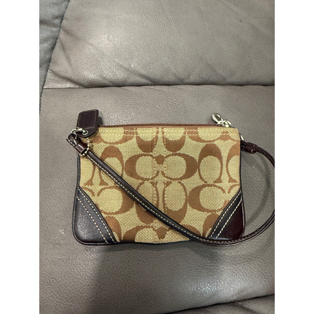 Coach Signature Jacquard Wristlet Khaki Brown Monogram Leather Trim Small Bag